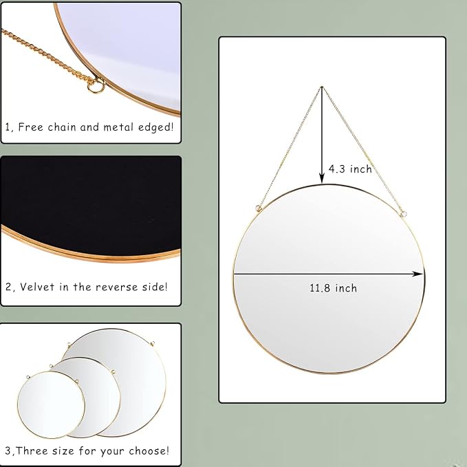 LONGWIN Hanging Wall Circle Mirror Decor Gold Geometric Mirror with Chain for Bathroom Bedroom Living Room 11.8"