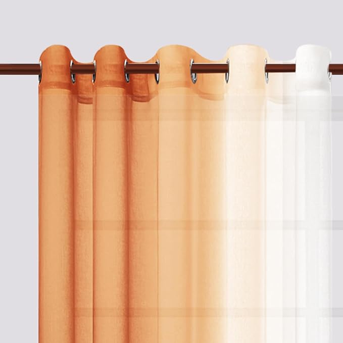 DWCN Ombre Faux Linen Sheer Curtains - Extra Wide Gradient Semi Voile Light Filtering Grommet Top Bedroom and Living Room Curtains, 60 x 84 Inches Long, 2 Panels, Sunset Orange