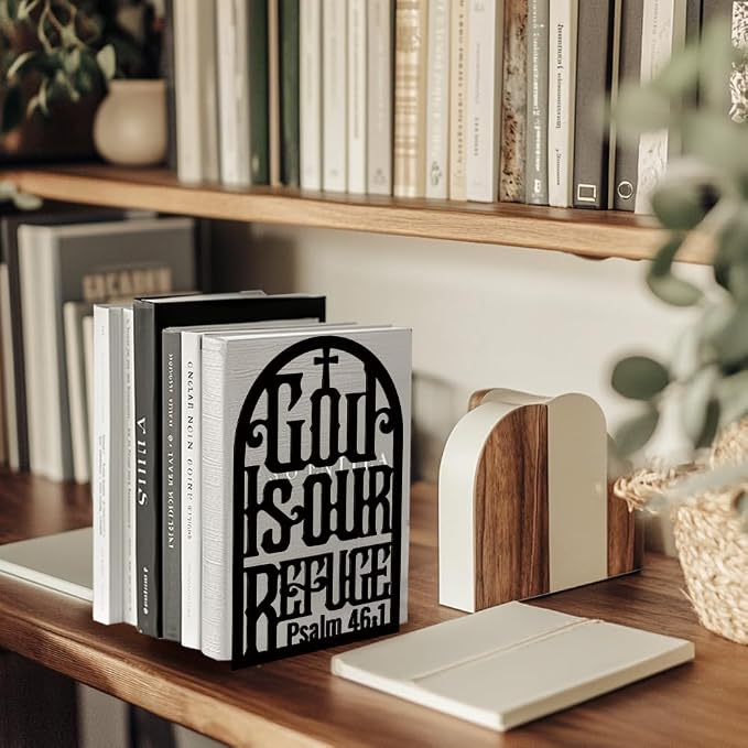 Peacoblue 5.3"x4.3"x7.9" Metal Bookends, Heavy Duty Book Ends for Shelves | Bible Theme Cast Iron Book Supports, 1 Pair Decor Stoppers for Desk, Library, Office & Home Shelves