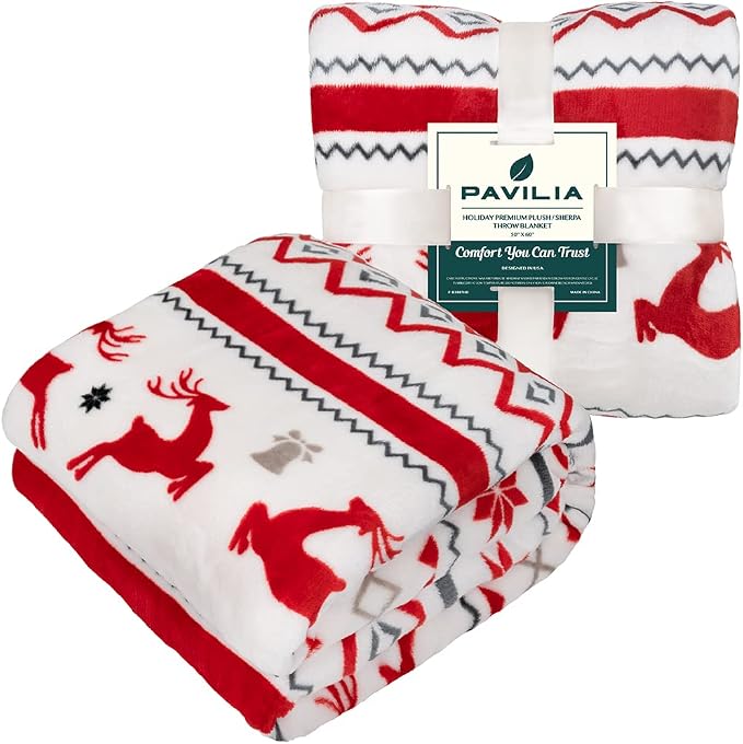 PAVILIA Christmas Throw Blanket | Holiday Christmas Reindeer Snowflakes Fleece Blanket | Soft, Plush, Warm Winter Cabin Throw, 50x60 (White Reindeer)