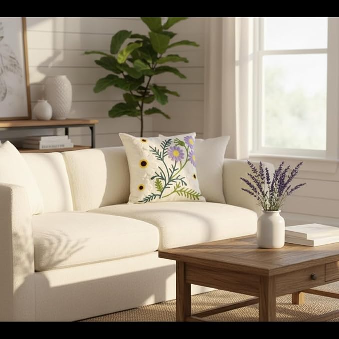 Embroidered Throw Pillow Covers 18x18 Pack of 2 Floral Pillow Covers Farmhouse Pillow Case Outdoor Garden Cushion Case Summer Decorations for Home (Purple and White Flower)