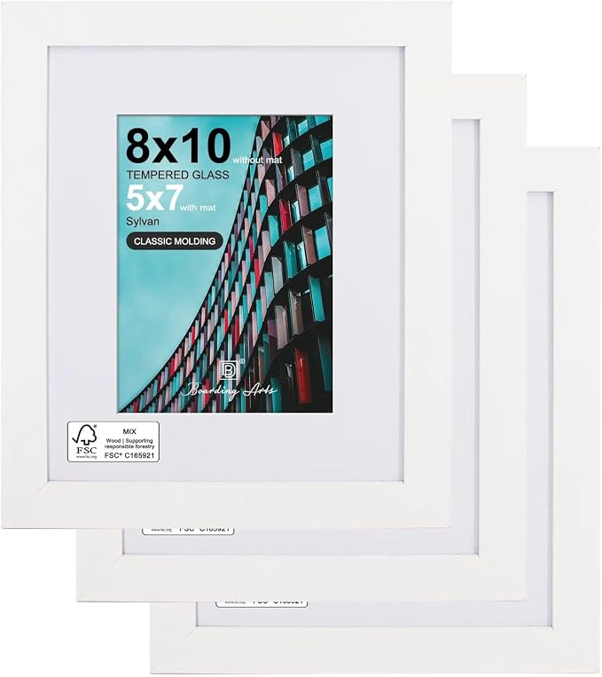 Boarding 8x10 Picture Frame-White,5x7 Mat,Tempered Glass,Engineered Wood