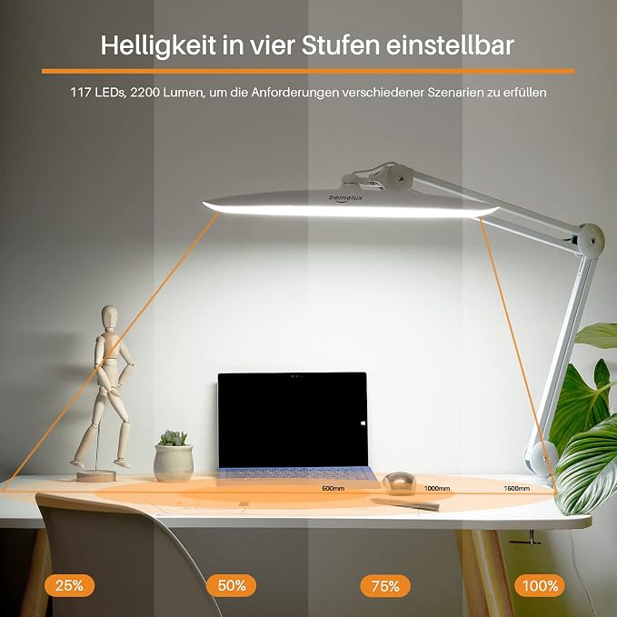 LED Desk Lamp with Clamp,Dimming Task Lamp for Reading Desktop Office Workbench Table Architect Sewing Study Home Craft,Bright 117PCS LEDs,2200 Lumens 20 Inch Metal Swivel Arm Work Lamp(White)