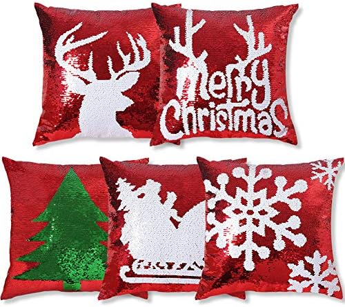 Reversible Sequins Pillow Covers 18 x 18 Inch Christmas Sequin Pillow Case Magic Red Mermaid Throw Decorative Pillowcase (Red-5 Pieces)