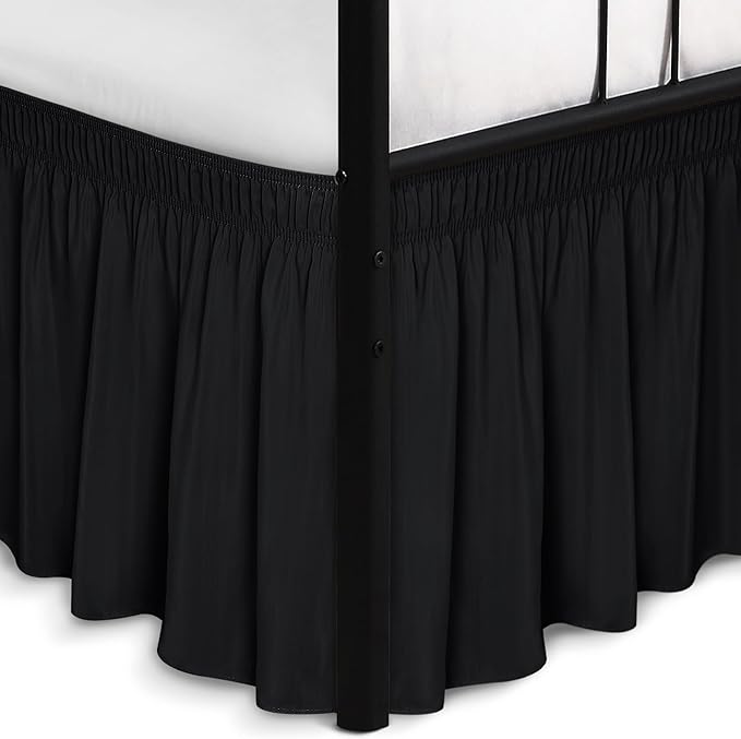 Wrap Around Queen Size Bed Skirt Split Corner 14" Drop-Elastic Dust Ruffle | Black Adjustable Pleated Bedskirt-Easy Fit Wrinkle Resistant Washable Fabric Bed Skirting-Master Guest Bedroom Rental Hotels