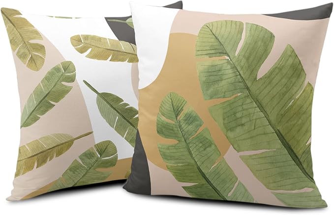 Set of 2 Pack Summer Green Leaves Throw Pillow Covers Jungle Banana Tree Cushion Case Brown and White Black Decorative Pillow Cover Modern Home Decor 22x22 for Sofa Bed Chair