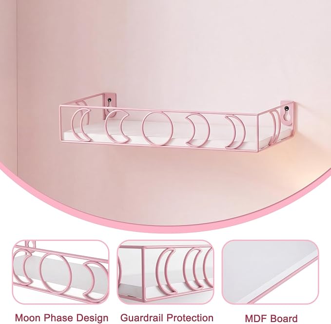PHAREGE Moon Phase Floating Shelves White Pink, Set of 3