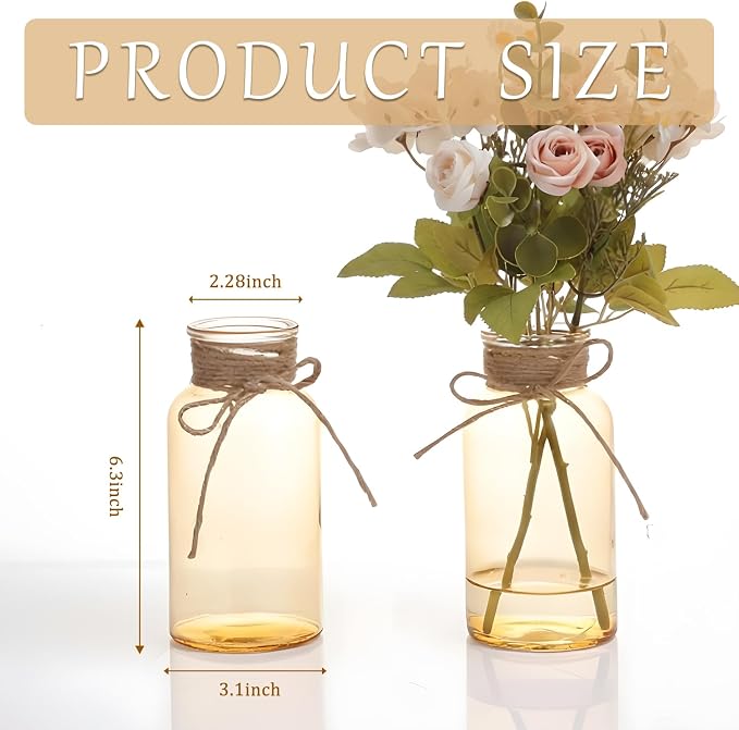 Mason Jar Glass Vases 12 Pack, Gold Flower Vase for Centerpieces | Rustic Farmhouse Home Decor, Bud Vase with Twine, Wedding Table Decoration, Boho Floral Arrangement, Vintage Jars Bulk
