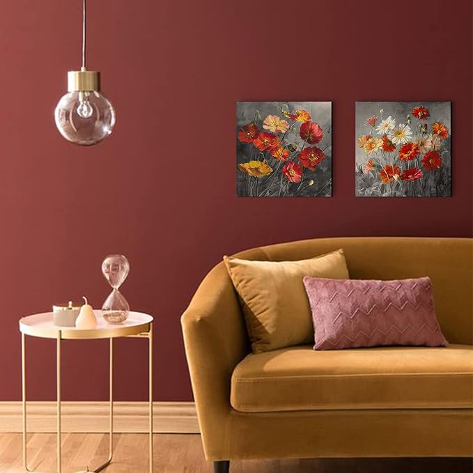 Red Burnt Orange Poppy Daisy Wall Art Canvas Prints Black and White Flower Pictures for Bedroom Vintage Nature Floral Posters Bathroom Decor Retro Wildflower Artwork Office Home Decoration 16x16” 3P