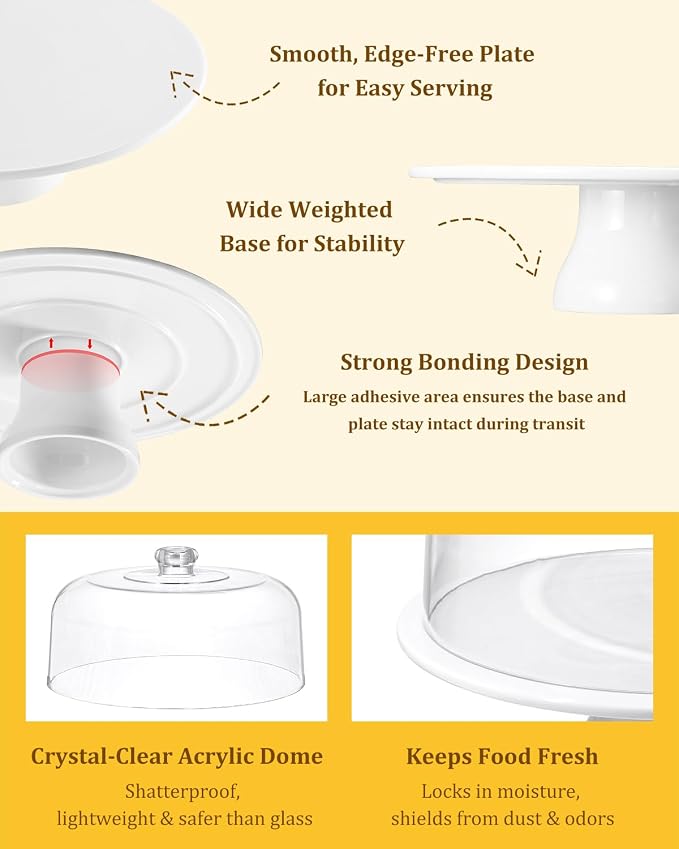 12 Inch Porcelain Cake Stand with Acrylic Dome Lid, White Pedestal | Round Dessert Stand, For Cakes, Cupcakes & Pastries, Covered Cake Display, For Birthday Parties, Weddings & Baby Showers