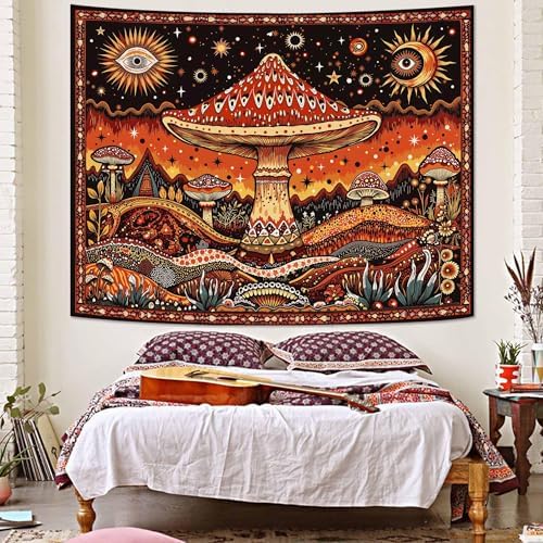 Neasow Hippie Mushroom Tapestry, Mystic Sun Moon Eye Wall Hanging, Aesthetic Boho Nature Orange Decor for Bedroom Dorm Living Room, 36x48 inches