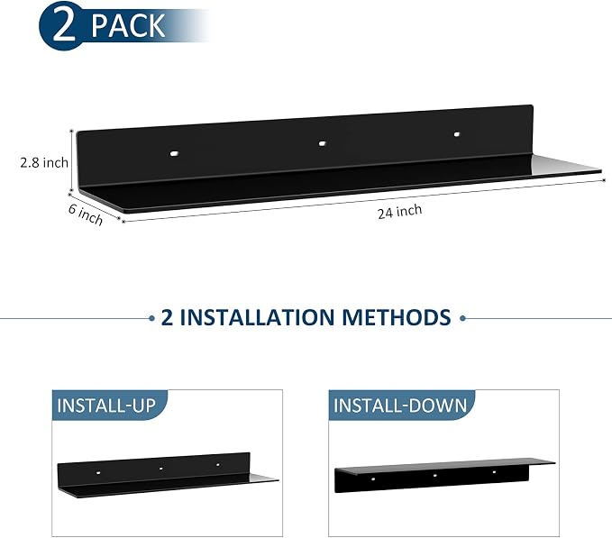 Sezanrpt 24 Inches Acrylic Wall Shelves 2 Pack, Floating Shelf for Wall Mounting, Acrylic Display Ledges for Funko Pop Figures, Home Décor, Living Room, Gaming Room, Plants(24 inch, Black)