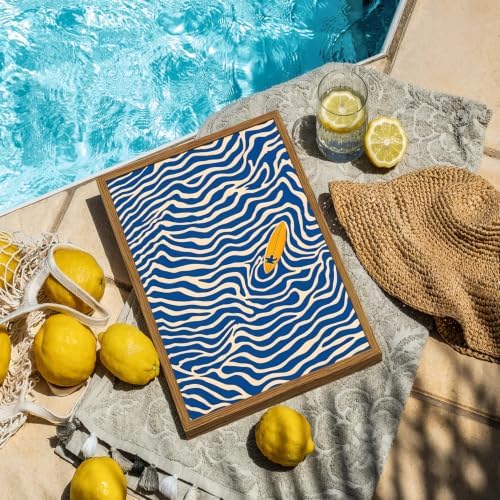 Framed Blue Coastal Surfboard Wall Art, Abstract Beach Surf Pictures Wall Decor, Summer Ocean Wave Paintings Canvas Prints Beachy Home Decor for Bathroom Bedroom Living Room 12x16 inch
