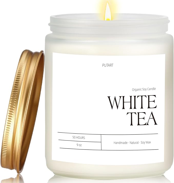 White Tea Candles for Home Scented, 9oz Natural Soy Wax Candles | Aromatherapy Non Toxic Scented Candle, Handmade Highly Scented & Long Lasting Jar Candle for Stress Relief, Holiday Gifts