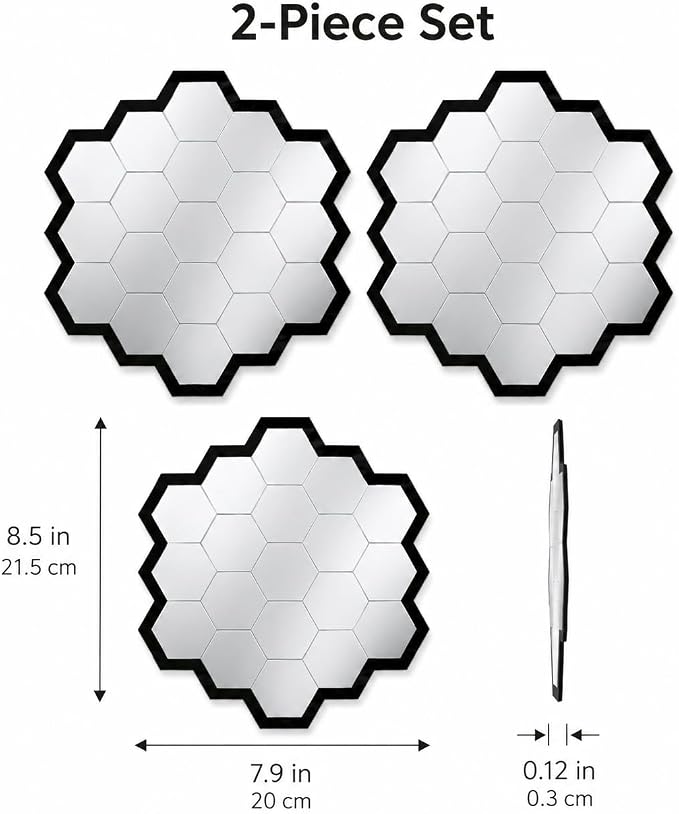 2pcs Hexagon Mirror Wall Stickers, Self Adhesive Decorative Mirror Tiles, 8.5 x 7.9 Inch Wall Mirror Decor for Bedroom Bathroom Living Room Entryway Bohemian Moroccan Style