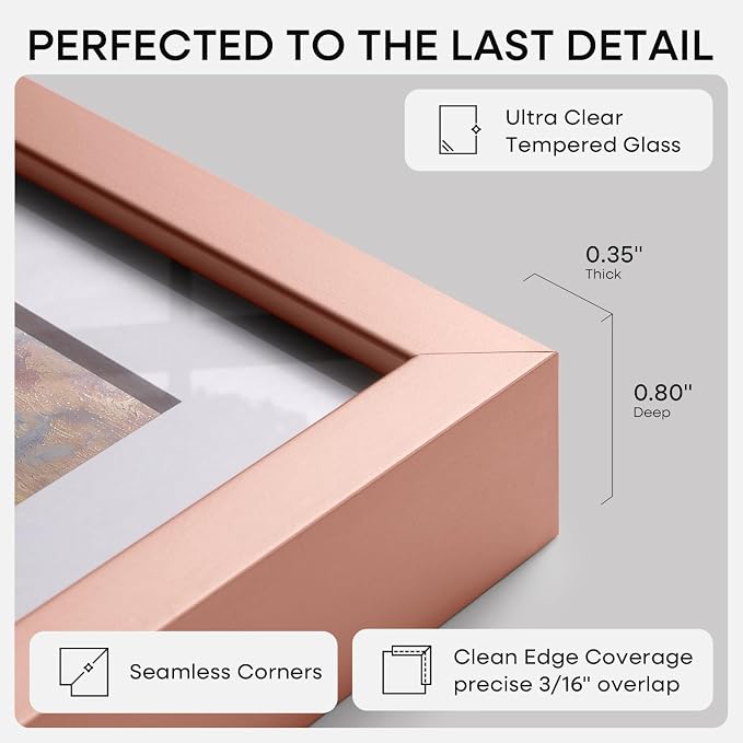Homeforia 5x7 Rose Picture Frame, High-End Metal, 4x6 Mat, Glass