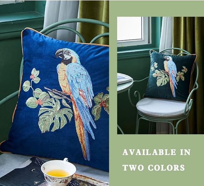 Luxury Embroidery Parrot Throw Pillowcase Gold Embroidered Velvet Cloth Cushion Cover Decorative Animal Bird Print Parrot Pillows Case for Preppy Stuff Room 1PCS (Color-2)
