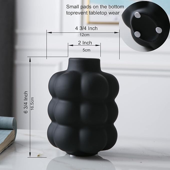Mowtanco Black Ceramic Vase, Modern Small Vase for Centerpiece 6.7" Tall | Boho tabletop decor accent vase for dried flowers, centerpiece for living room bedroom shelf, minimalist home decor gift