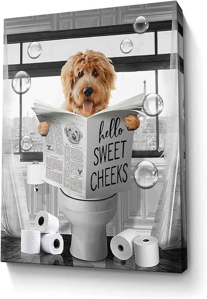 Parylore Funny Dog Wall Art Black and White Dog Bathroom Print Farmhouse Bathroom Animals Wall Decor Dog Sitting in Toilet Reading Newspaper Painting Framed Artwork for Toilet Bathroom 16x24 inch