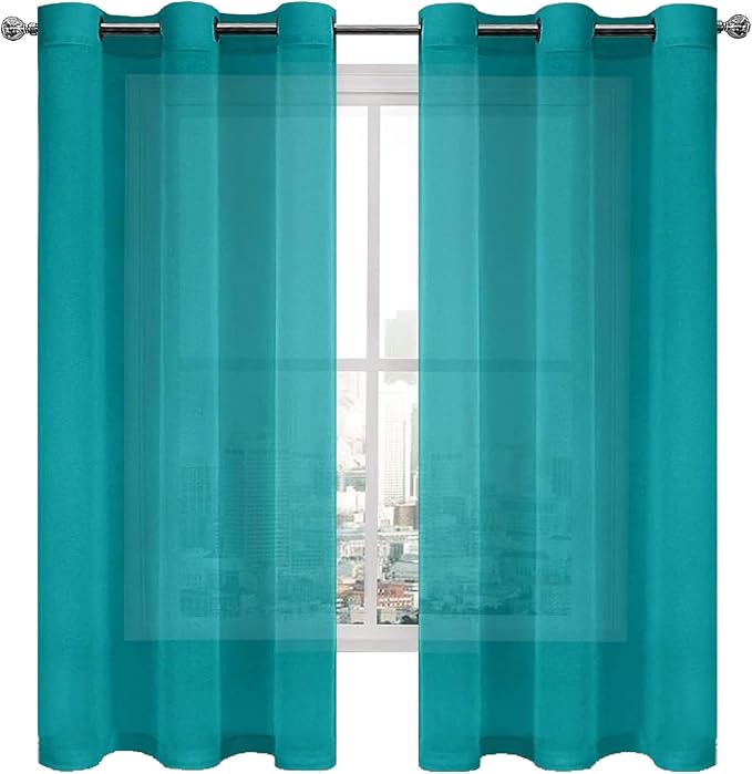 DWCN Semi Sheer Curtains, Grommet Top Faux Linen Look Voile Transparent Solid Window Sheer Curtains Drapes for Bedroom Living Room, Set of 2 Panels 46 x 63 Inches Long, Turquoise