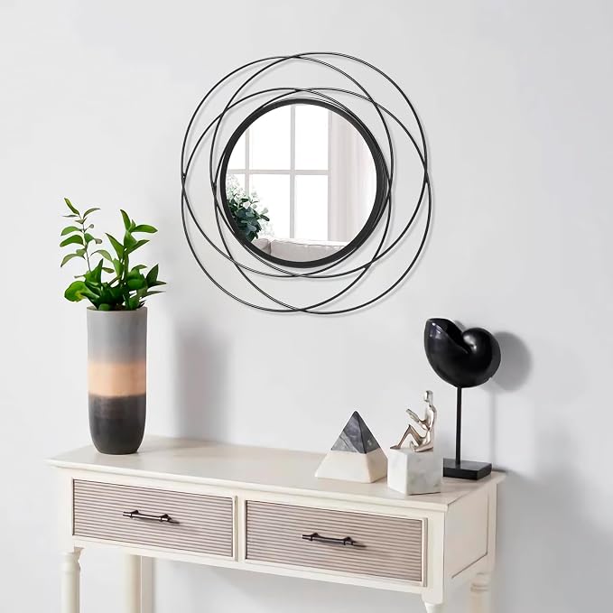 Black Circle Mirror Wall Decorative Metal Mirror Art Small Round Wall-Mounted Mirror Home Wall Decor for Bedroom Living Room Bathroom Entryway 16” x 16”