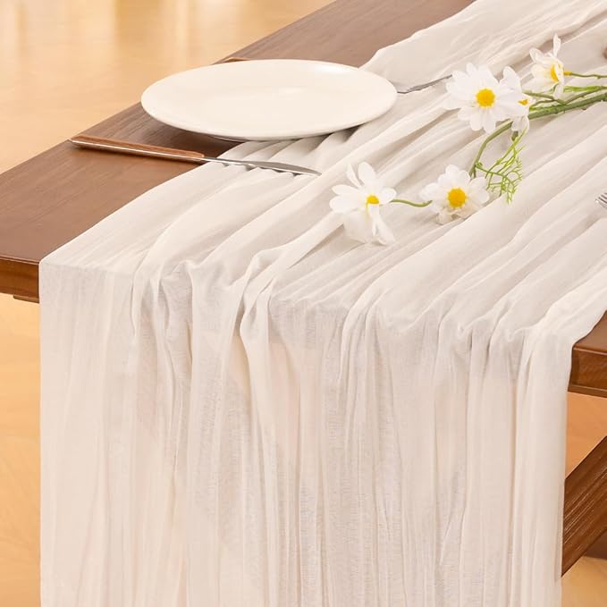 Cheesecloth Table Runner White Fall Boho Wedding Birthday Party Home Decor | Ivory White 10pcs Rustic Gauze 10FT Cheese Cloth Sheer Farmhouse Dining Runner for Baby Shower Bridal Holiday Decorations