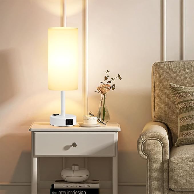 Fenmzee White Bedside Lamp for Bedroom, Dimmable Touch, USB A+C, AC Outlet