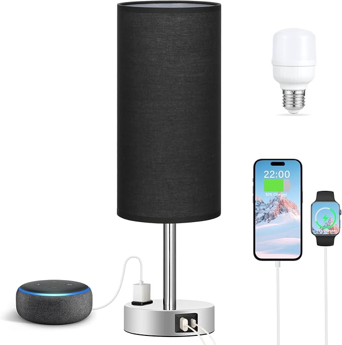 Fenmzee Black Bedside Lamp for Bedroom, Dimmable Touch, USB A+C, AC Outlet