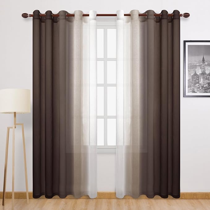DWCN Ombre Faux Linen Sheer Curtains - Extra Wide Gradient Semi Voile Grommet Top Bedroom and Living Room Curtains, 60 x 84 Inches Long, Set of 2 Window Curtain Panels, Chocolate Brown