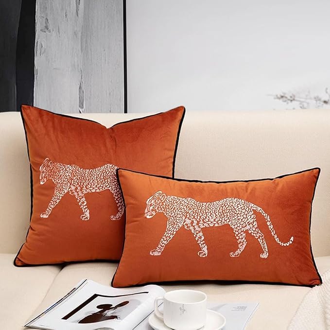 vctops Fall Soft Velvet Embroidery Lumbar Decorative Throw Pillow Covers Leopard Pattern Cushion Case for Sofa Bedroom Couch (Orange,12"x20")