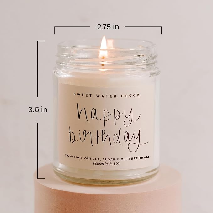 Sweet Water Decor Happy Birthday Soy Candle - Vanilla Sugar & Buttercream Sweet Scented Happy Birthday Candle Gift for Mom, Friends & Girls - 40 Hour Burn Time - 9oz - Non Toxic
