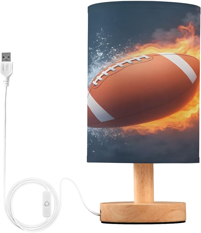 ALAZA American Football Ball in Fire and Water Decor Bedside Table Lamp with USB Port for Bedroom Nightstand Office Desk LED Bulb Included