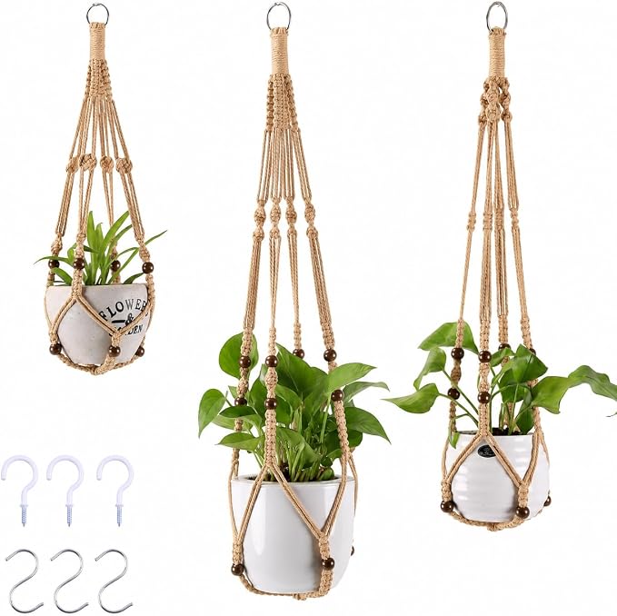 Macrame Plant Hangers with Beads for Indoor and Outdoor, 3 Pack