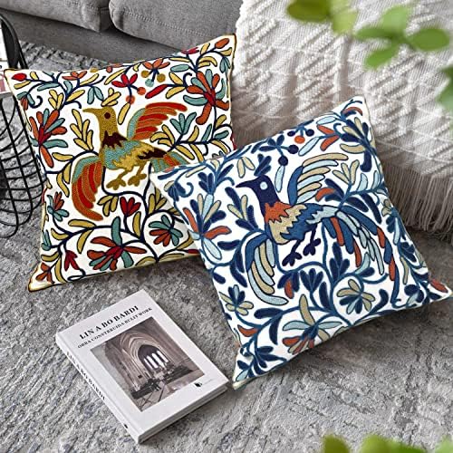Alysheer Embroidered Summer Decorative Throw Pillow Cover 18"x 18" Set of 2, Boho Orange Bird Embroidery Patterned Cotton Cushion Case for Sofa Couch Living Room Bedroom Outdoor