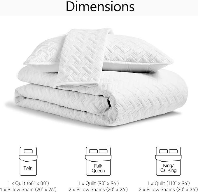 FLYMME King Size Quilt Bedding Set White Lightweight Bedspreads for Summer,Modern Style Geometric Weave Stripe Pattern,Soft Microfiber Bed Coverlet 3 Pieces (1 Quilt, 2 Shams)