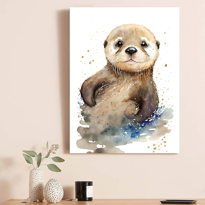 C8BUSIS Otter Canvas Wall Art Watercolor Animal Pictures Cute Otter Wall Decor Painting Splash-ink Poster Print for Bedroom Living Room Kitchen Bathroom Office Decoration (12x16inch, Framed)