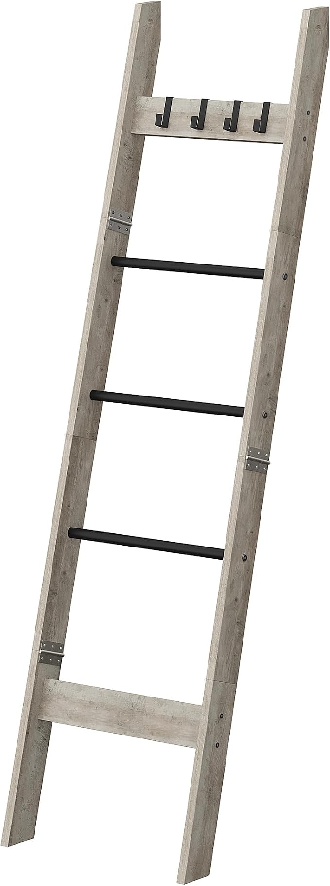 Hzuaneri Blanket Ladder Decorative Quilt Rack with 4 Removable Hooks | 5-Tier Farmhouse Ladder Holder Shelf Organizer for Living Room Bedroom Greige and Black BR02105B