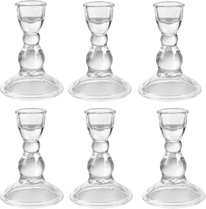 Glass Candle Holder for Taper Candles, Clear Decorative Candle Sticks Holders Set of 6 for Christmas Decor and Thanksgiving Wedding Dining Party Table Decorations (Exclude Candles)