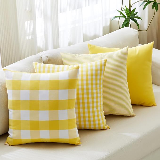 Light Yellow Buffalo Check Summer Plaid Throw Pillow Covers 18x18 Set of 4 | Summer Decorative Pillow Covers 18 x 18 Set of 4, Yellow Room Decor Pillows for Couch Bed,Striped Gingham Buffalo Check Plaid