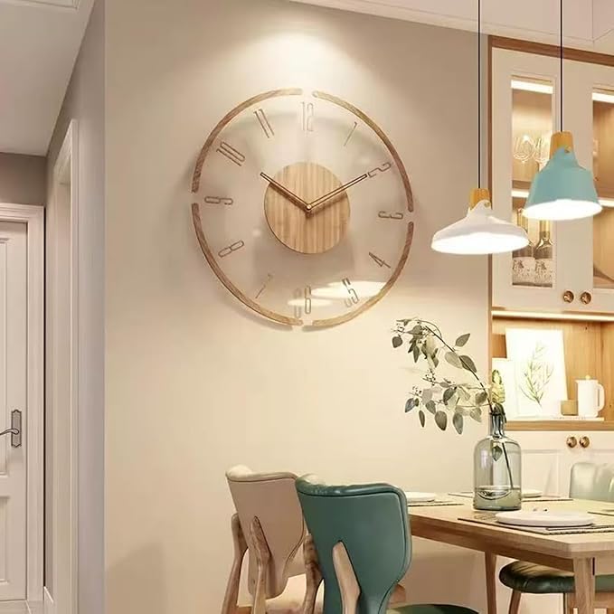 Modern Minimalist Wooden Wall Clock - Silent Non-Ticking Battery Operated Wall Clock for Living Room Bedroom Kitchen Office Decor, 12 Inch Large Wall Clock with Sleek Open Frame Design