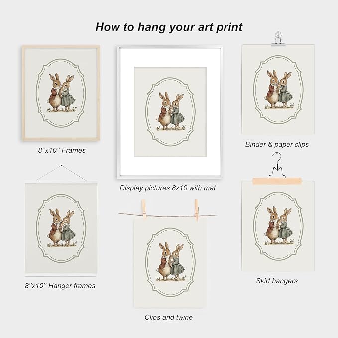 heilkee Vintage Nursery Wall Art Sage Green Duck Prints Farmhouse Room Decor Bunny Pictures Kids Poster Set of 4(UNFRAMED 8x10in)