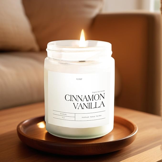 Cinnamon Vanilla Candles for Home Scented, 9oz Non Toxic Soy Candle | Natural Aromatherapy Heavy Scented Candle with Essential Oil, Home Fragrance Stress Relief Jar Candles Gifts for Women & Men