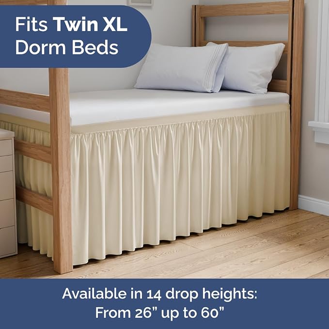 Dorm Room Bed Skirt Full XL - College Dorm Essentials - Off White, 34 Inch | Extra Long Dust Ruffled College Bedskirt with Split Corners, Easy Fit Elastic Strap, Adjustable, Fade & Wrinkle Free