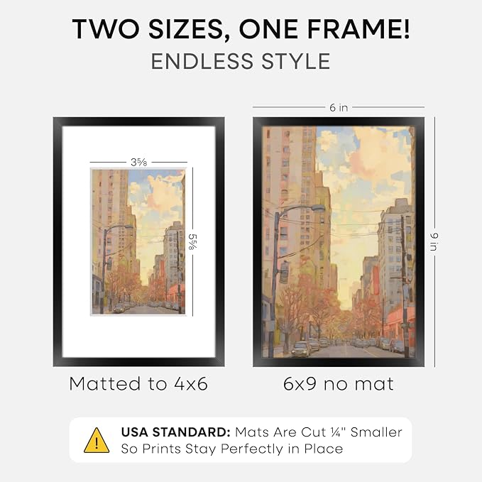 Homeforia 6x9 Black Picture Frame, High-End Metal, 4x6 Mat, Glass