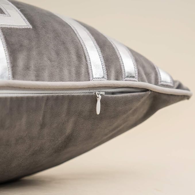 Alerfa Gold Leather Striped Gray Throw Pillow Cover 18x18 Inch, Geometric Luxury Decorative Embroidered Velvet Pillow Cover for Couch Living Room Bedroom