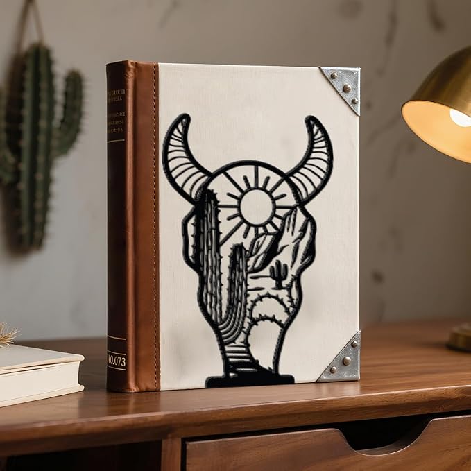 WADORN 1 Pair West Cow Skull Metal Decorative Bookend for Shelves, Heavy Duty Book Ends Modern Non-Skid Books Holder Stand Black Book Support Stoppers for Desk Bookshelf Office Home, 5.3x4.3x7.9 Inch
