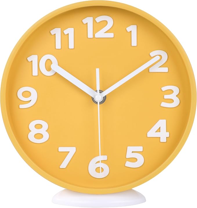 JENLYSTIME 8 Inch Vibrant Yellow Modern Wall Clock – Silent Non-Ticking, Bold 3D Numbers, Precise Quartz Movement | Decorative Desk & Wall Clock with Stand for Home, Kitchen, Bedroom, or Office