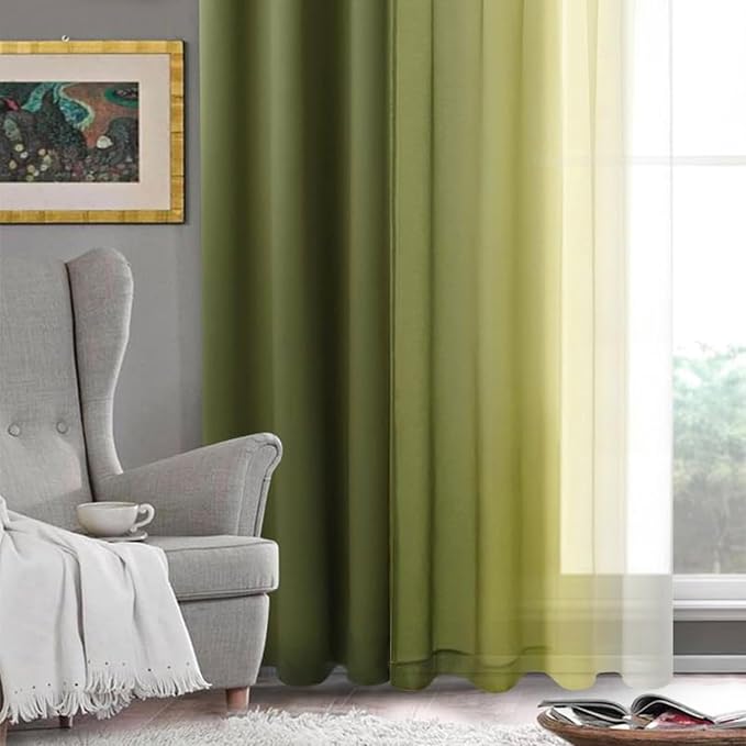 DWCN Ombre Faux Linen Sheer Curtains - Extra Wide Gradient Semi Voile Light Filtering Grommet Top Bedroom and Living Room Curtains, 60 x 63 Inches Long, Set of 2 Window Curtain Panels, Olive Green