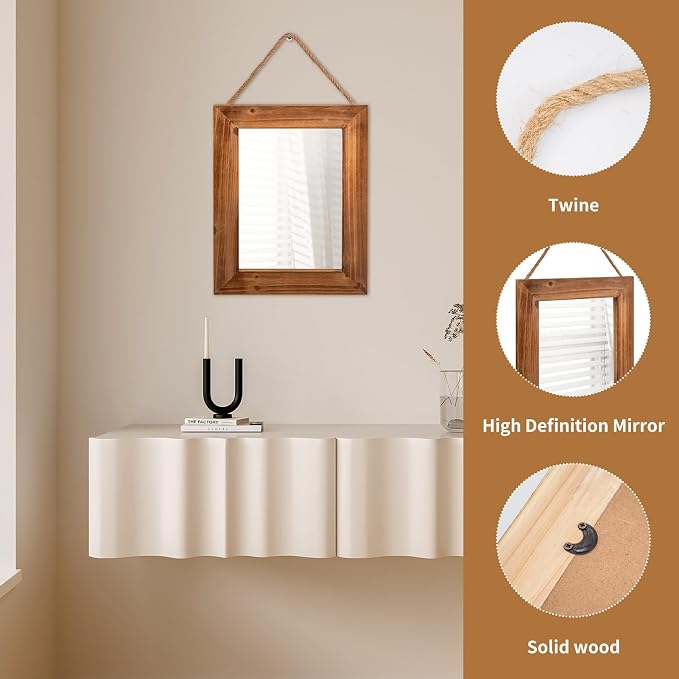 OKSQW Farmhouse Wall Mirror Brown Rectangle Rustic Wood Mirror 16 X 12 Inch Decorative Wood Frame with Mirror and Hanging Hemp Rope, Hanging Mirror for Bathroom Bedroom, Entryway, Dresser Wall Mirror