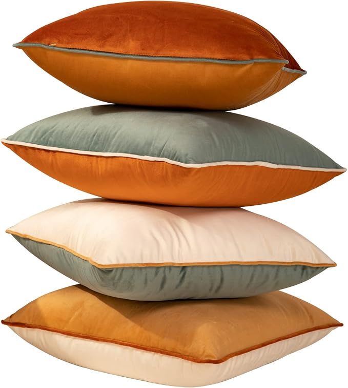 Throw Pillow Covers 18x18 Inch Set of 4 Soft Velvet Decorative Throw Pillow Covers Square Cushion Case Solid Cushion Covers Modern Double-Colored pillowcases for Home Couch Decoration Orange/Teal